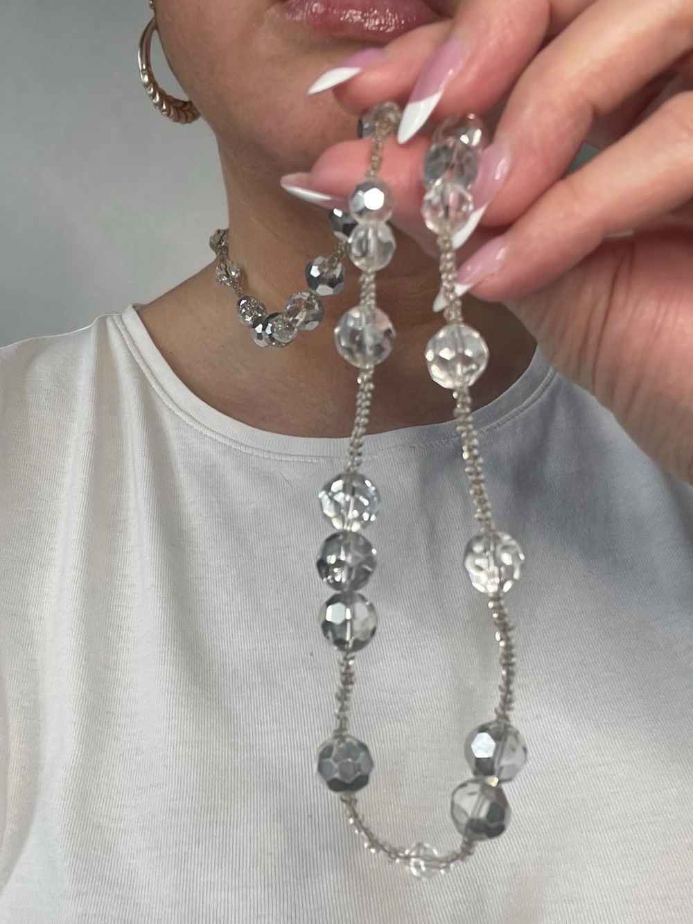 Vintage Long Faceted Crystal Metallic Back Beaded Necklace